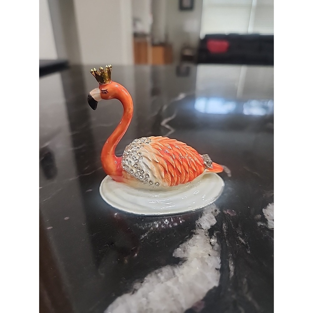 Flamingo Trinket Box Enamel Magnetic Hinged Rhinestone Bird Ring Box